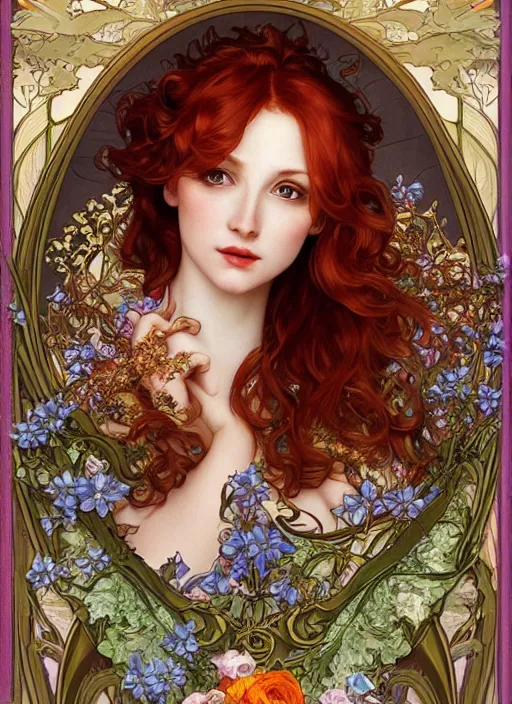 Prompt: redhead woman, rococo and art nouveau fusion, iridescent diaphanous refractive and reflective flower bouquet, tarot card, highly detailed, deep focus, elegant, digital painting, smooth, sharp focus, illustration, ultra realistic, 8 k, art by artgerm and alphonse mucha