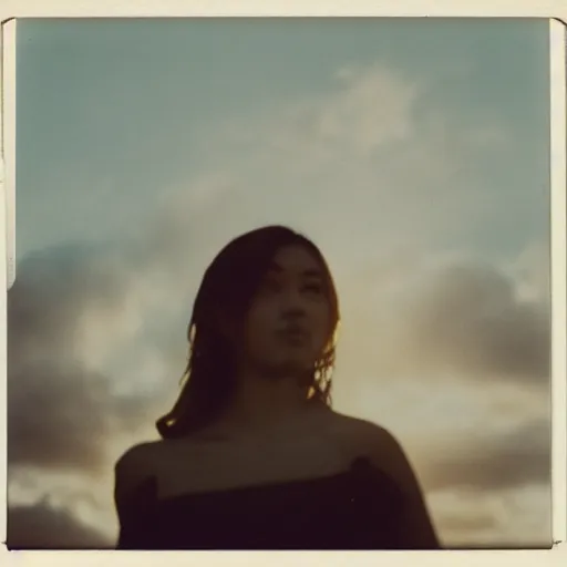 Image similar to a polaroid portrait of a beautiful young woman, detailed clouds, lit from behind, sunshine, golden hour, heavy film grain, color bleed