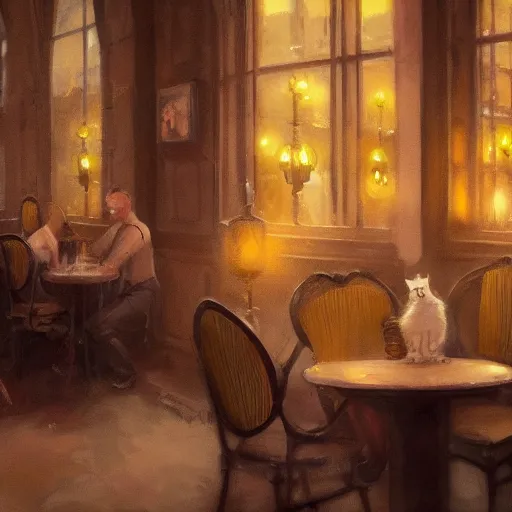 Image similar to brown cat with yellow eyes is sitting at table in a cafe at paris in early 2 0 th century. atmospheric feeling, warm colours, brown colours, yellow colours, epic scene, cinematic, very detailed, concept art, trending on artstation