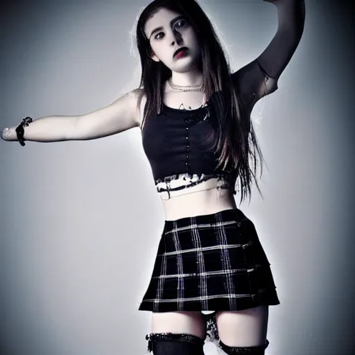 Prompt: gothic teen girl in plaid mini skirt and crop top, intricate, extremely detailed, modeling photography, 8 0 mm camera, dramatic lighting, dark room