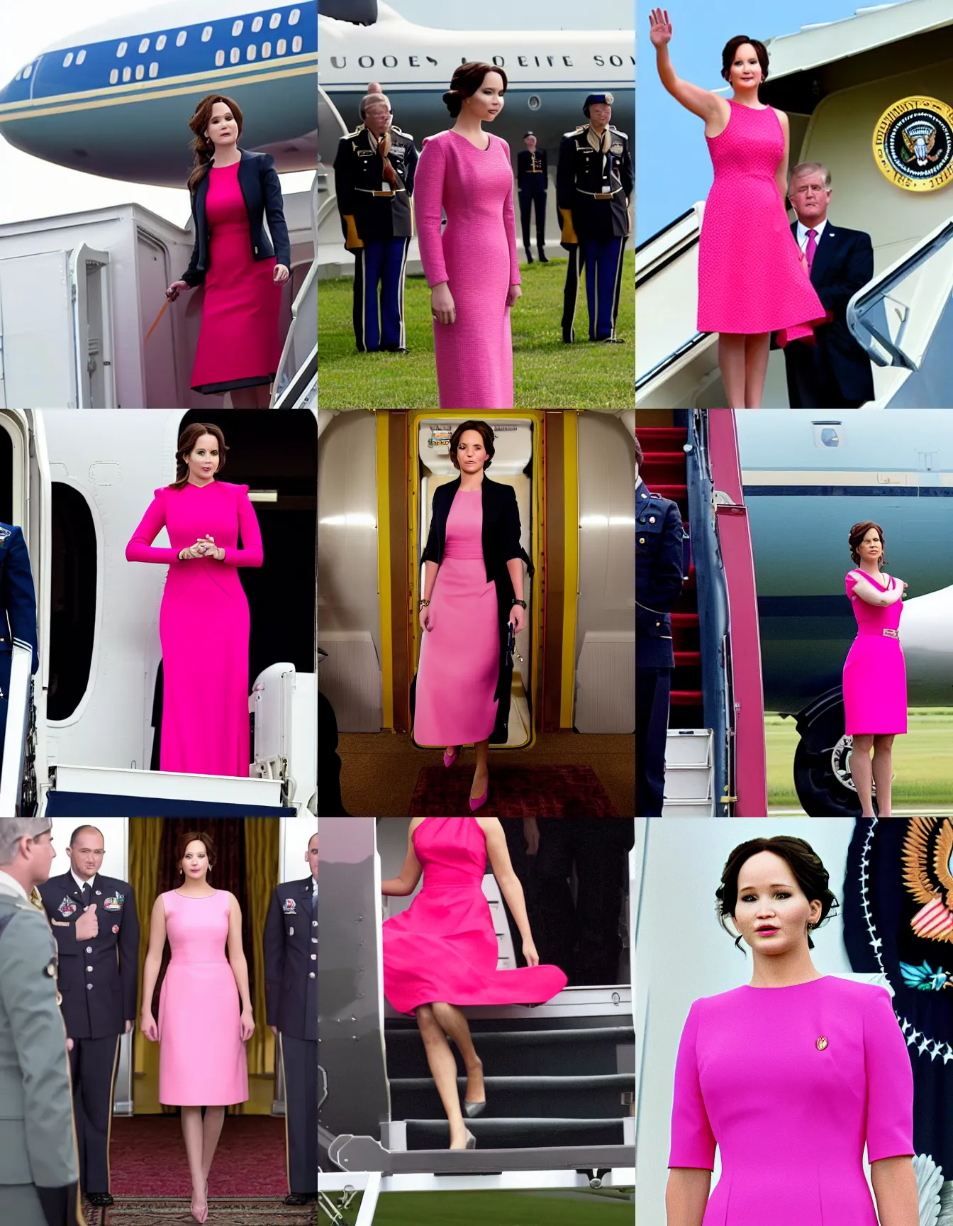 Prompt: presidential portrait photo of katniss everdeen, wearing a pink dress, exiting air force one