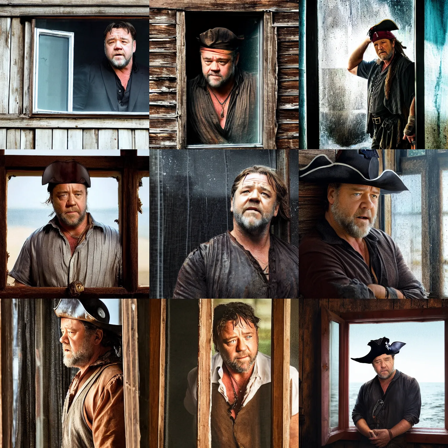 Prompt: russell crowe wearing a pirate hat behind a dirty window and wooden wall staring out