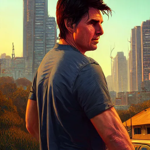 Image similar to highly detailed portrait, tom cruise, in gta v, stephen bliss, unreal engine, fantasy art by greg rutkowski, loish, rhads, ferdinand knab, makoto shinkai and lois van baarle, ilya kuvshinov, rossdraws, tom bagshaw, global illumination, radiant light, detailed and intricate environment