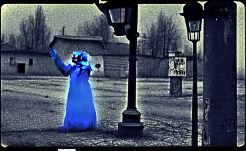 Image similar to a thin scary woman clown with scary face in torn clothes stands under a lamppost that shines a blue light on the clown, pitch darkness around the post, everything happens at night in an old Soviet village, the photo was taken from afar, Colourful, Cinematic, filmic, 35mm, dark atmosphere, horror, scary, Wildlife photography, Polaroid, bad quality