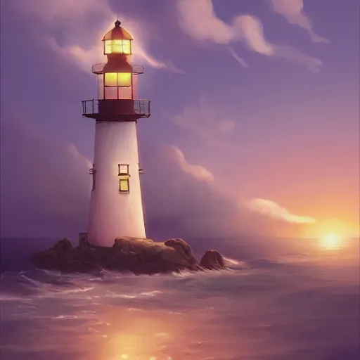 Image similar to beautiful cute cozy lighthouse by the sea, golden warm light, style of hayao miyazaki, digital art trending on artstation