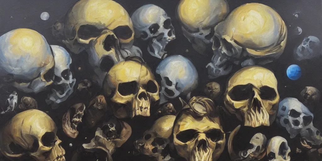 Image similar to a few giant skulls on the moon, oil on canvas