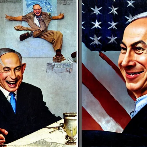 Image similar to benjamin netanyahu laughing hysterically at computer screen, by norman rockwell and michael cheval