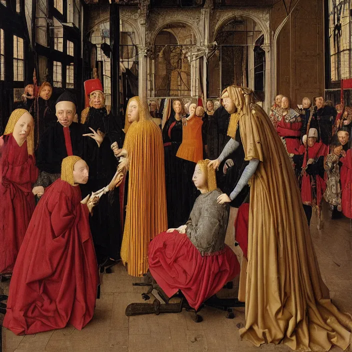 Prompt: a sad woman in a wheelchair surrounded by dancers, by Jan van Eyck