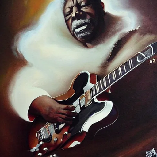 Prompt: b. b king, sitting in a fluffy cloud, playing an electric semi - hollow guitar. beautiful realistic painting, dramatic, moody