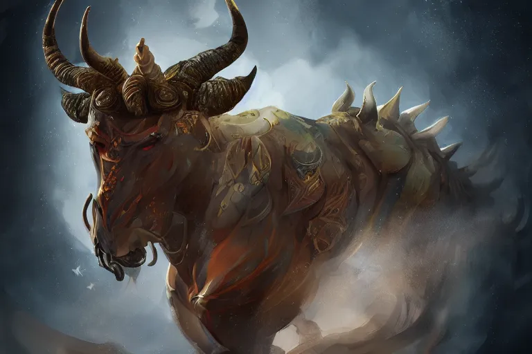 Prompt: taurus zodiac character concept art, digital painting, mixed media, trending on artstation and deviantart, epic composition, magnum opus, highly detailed, 8 k