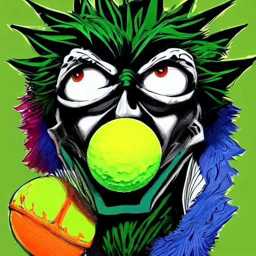 Prompt: a tennis ball monster ,tennis ball, joker, chalk, digital art, fantasy, magic, trending on artstation, ultra detailed, professional illustration by Basil Gogos