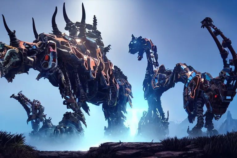 Image similar to grimhorn fanghorn machine mecha animal beast robot of horizon forbidden west horizon zero dawn bioluminiscence global illumination ray tracing hdr fanart arstation by sung choi and eric pfeiffer and gabriel garza and casper konefal