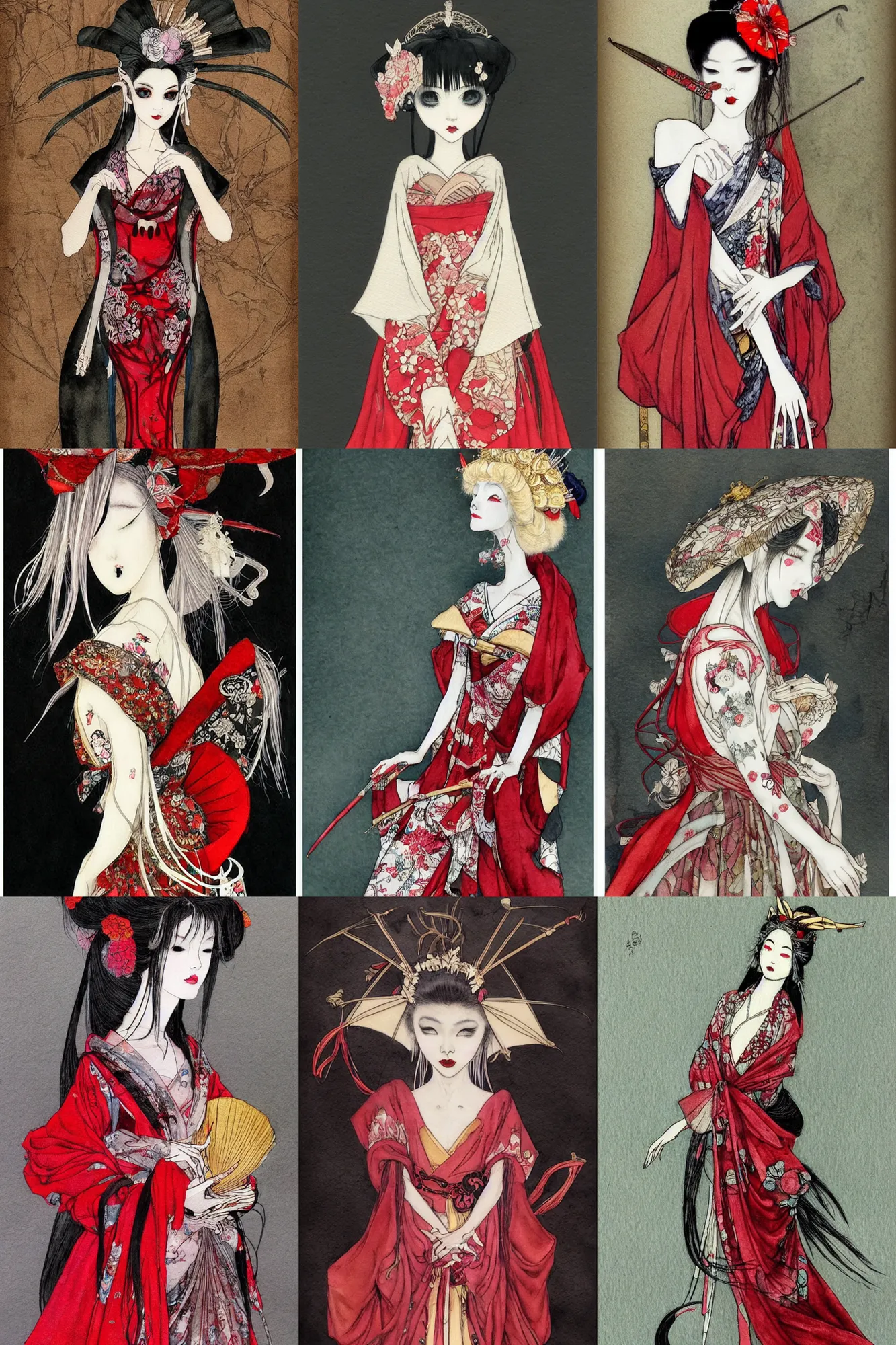 Prompt: watercolor painting of an avant - garde japanese bjd geisha vampire queen with a long neck in a lolitafashion red dress, painted by arthur rackham, amy sol, tooth wu, intricate detail, artstation, artgerm, in the style of dark - fantasy, rococo, gold leaf art