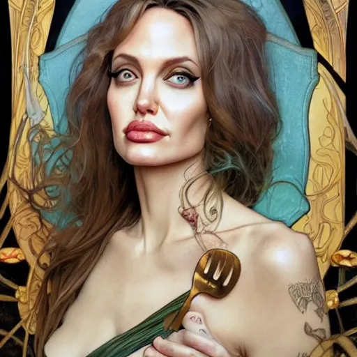 Prompt: Portrait of angelina jolie wearing fork, drawn by Donato Giancola and Tom Bagshaw, face by Artgerm, overall design by Alphonse Mucha, fork background by James Jean and Gustav Klimt, light by Julie Bell, 4k, porcelain skin, komorebi, french nouveau, trending on artstation, octane render, hyperrealistic