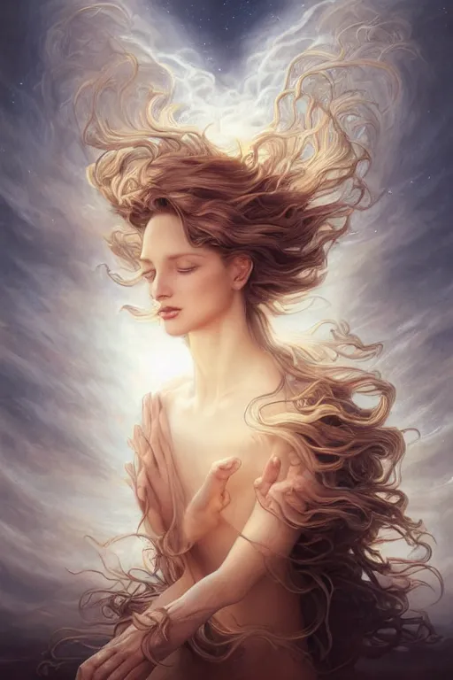 Image similar to wind blowing hair up!!! meditation trance! a celestial surreal creature, dreaming of the void, bust portrait, dnd, fantasy, intricate, elegant, highly detailed, digital painting, artstation, concept art, smooth, sharp focus, illustration, art by artgerm and tom bagshaw and greg rutkowski and alphonse mucha