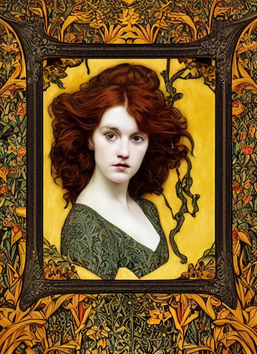 Image similar to masterpiece beautiful seductive flowing curves preraphaelite face portrait photography, sam spratt, extreme close up shot, straight bangs, thick set features, yellow ochre ornate medieval dress, amongst foliage mushroom forest circle arch, william morris and kilian eng and mucha, framed, 4 k