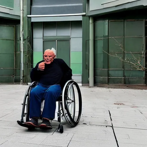 Image similar to the hulk as a very old man sitting in an oversized wheelchair