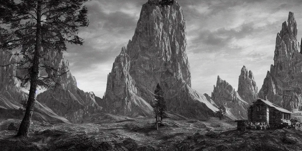 Image similar to photography of witch burning, dolomites in the background, occult signs, witch burning, pyre, solstice fire, alp, dolomites, alpine, detailed intricate insanely detailed octane render, 8k artistic 1920s photography, photorealistic, black and white, chiaroscuro, hd, by David Cronenberg, Raphael, Caravaggio