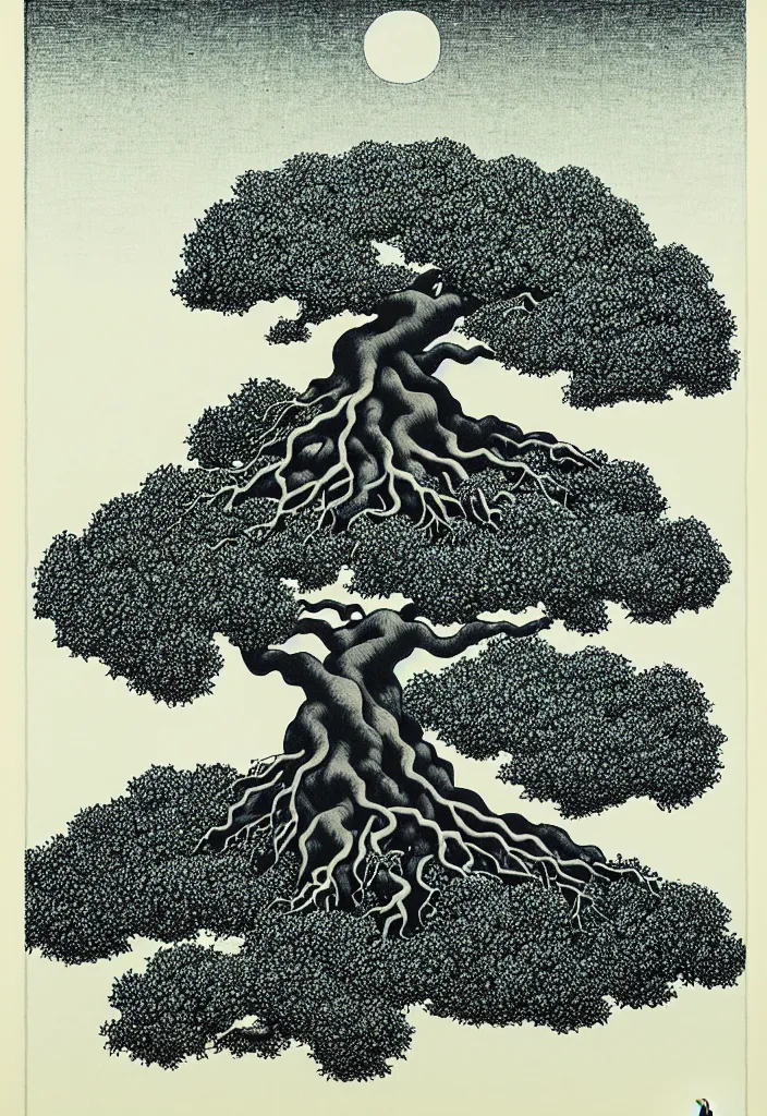 Image similar to prompt: white Bonsai tree roots merging into big moon drawn by Rene Magritte, Japanese woodblock print style, clean ink detailed line drawing, intricate detail, manga 1990