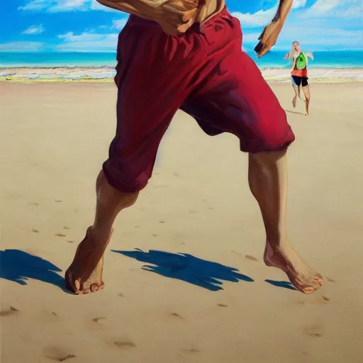 Prompt: a running man on the beach, happy, painted by jean charles blais, Mambo Graphics, oil pant, bruskstrokes, color, ultra detailed, 8k