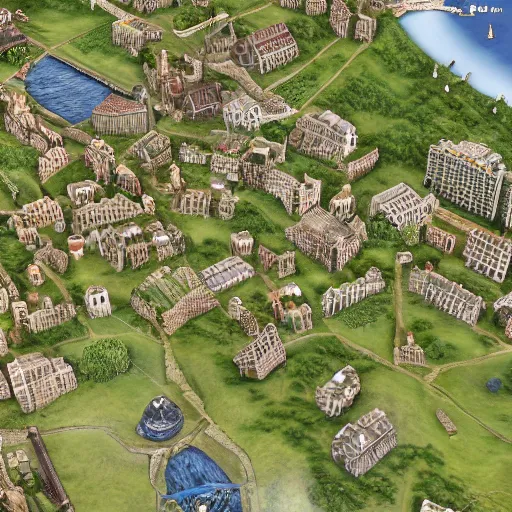 Prompt: miniature, h0, 1:87, google earth, highly detailed, satellite image, game map, casual game, anno 1602, landscape