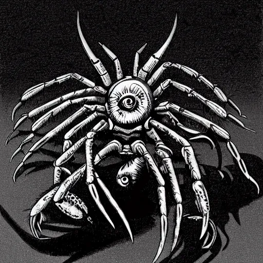 Prompt: an abscessed tomato demon with a pair of huge ugly crab pincers and a cloudy yellow evil eye and four long black spider legs, black and white style, older photos, dimly lit