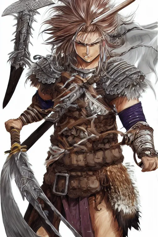 Image similar to A realistic anime portrait of a young handsome male barbarian with long wild hair, intricate fantasy spear, plated armor, D&D, dungeons and dragons, tabletop role playing game, rpg, jrpg, digital painting, by Yusuke Murata, concept art, highly detailed, promotional art, HD, digtial painting, trending on ArtStation, golden ratio, rule of thirds, SFW version