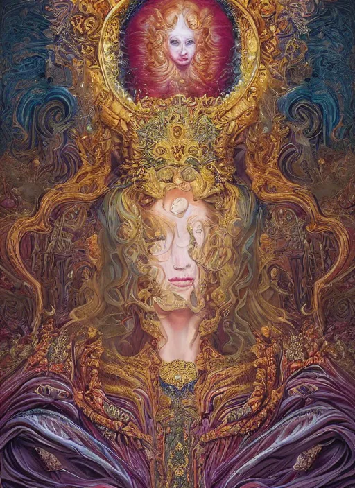 Image similar to beautiful oil painting, full length portrait of dauphinois in baroque coronation robes 1701, Dan Mumford, Dan Mumford, Alex grey, highly detailed , lsd visuals, dmt fractal patterns, hallucinogen, visionary art, psychedelic art, ornate, vaporwave, baroque, Greg rutkowski