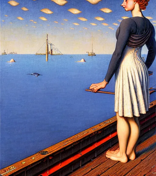 Image similar to a fancy beautiful young lady standing on a wharf at the edge of the sea by rob gonsalves and brom and gil elvgren and jean delville and william blake and norman rockwell and dan mumford, crisp details, hyperrealism, high detail, high contrast, low light, grey mist, cobblestones, dim lantern