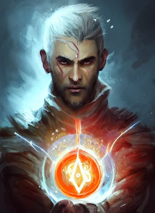 Prompt: character concept portrait of a handsome young dark wizard with olive skin and buzzed short spiky hairstyle casting a dark magic spell with red and orange glowing runes, a floating iridescent spell book, intricate, elegant, digital painting, concept art, smooth, sharp focus, illustration, from Metal Gear, by Ruan Jia and Mandy Jurgens and Artgerm and William-Adolphe Bouguereau