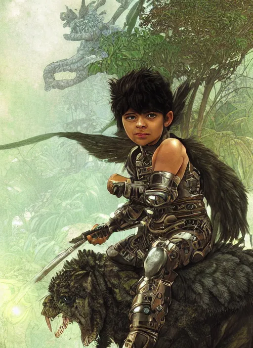 Prompt: portrait of a little cyborg warrior boy character sitting on top of a giant armored tiger a lush jungle, epic character with dark skin and beautiful green eyes. the boy has a very beautiful detailed symmetrical face, long black hair. diffuse night light, dramatic landscape, fantasy illustration, matte painting by mucha