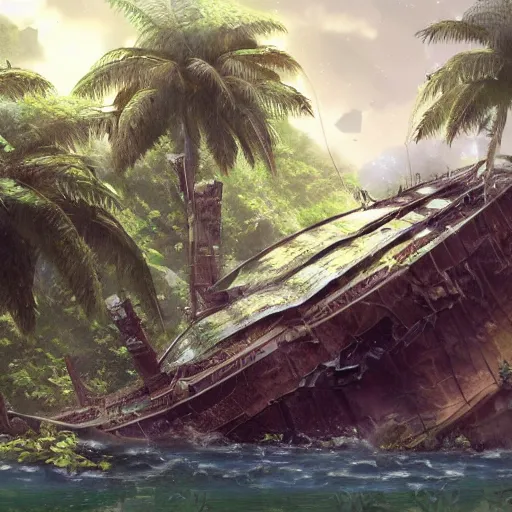 Image similar to Wrecked ship on jungle trees, 8k, detailed, concept art, trending on artstation