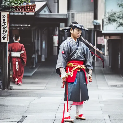 Prompt: traditional samurai in a modern city, photograph, dslr, hi - res