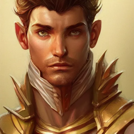 Image similar to male artificer, arrogant, D&D, fantasy, portrait, highly detailed, digital painting, artstation, concept art, sharp focus, illustration, art by artgerm and greg rutkowski and magali villeneuve, red white and gold color scheme