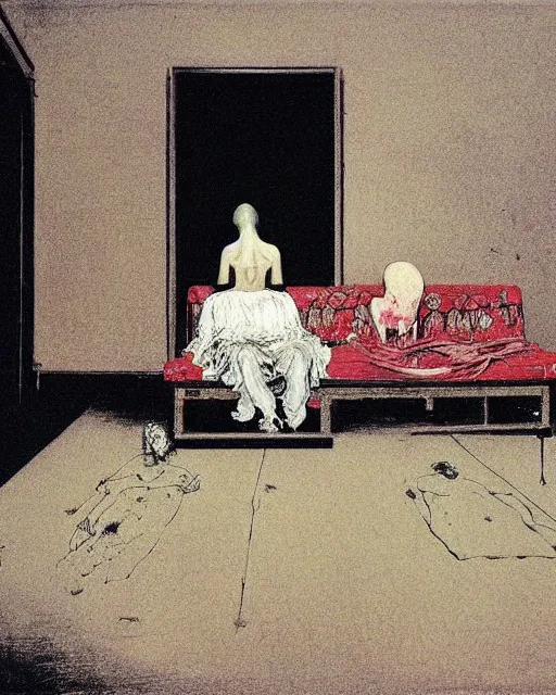 Image similar to an old dead person sitting on an old couch in an old apartment with woman on the floor,  Francisco Goya painting, part by Beksiński and EdvardMunch. art by Takato Yamamoto, Francis Bacon masterpiece