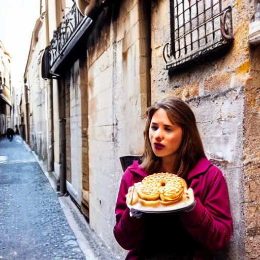 Prompt: a young woman eating a delicious french pastry in a quintessential french alley