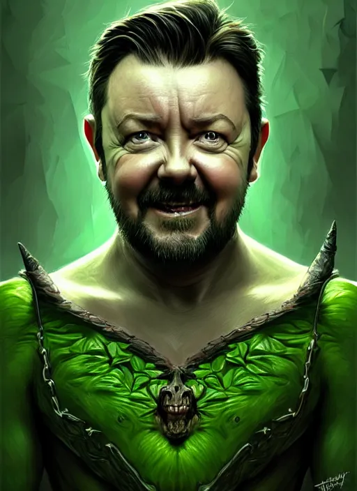 Image similar to portrait of ricky gervais as a goblin, d & d, muscular! green, fantasy, intricate, elegant, highly detailed, digital painting, artstation, concept art, smooth, sharp focus, illustration, art by artgerm and greg rutkowski and alphonse mucha