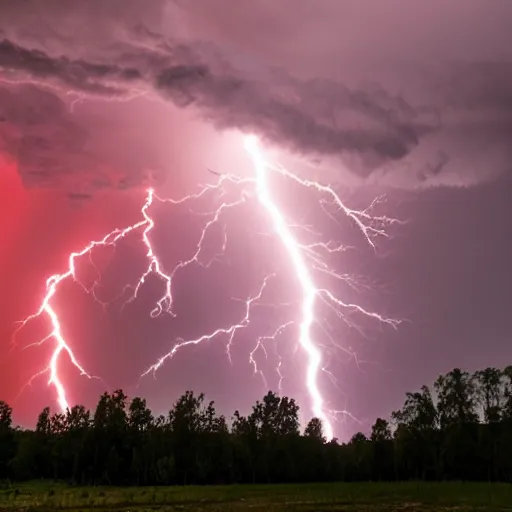 Image similar to a thunderstorm with red lightning and 10 tornados