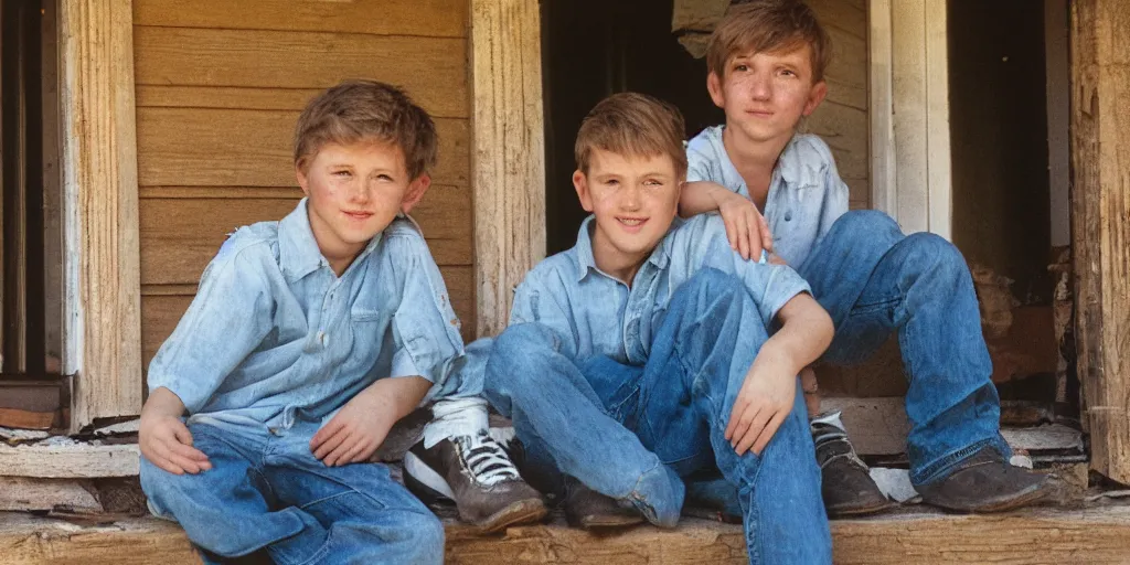 Image similar to close up portrait of two white redneck brothers sitting on front porch of dilapidated house, kodak gold 2 0 0,