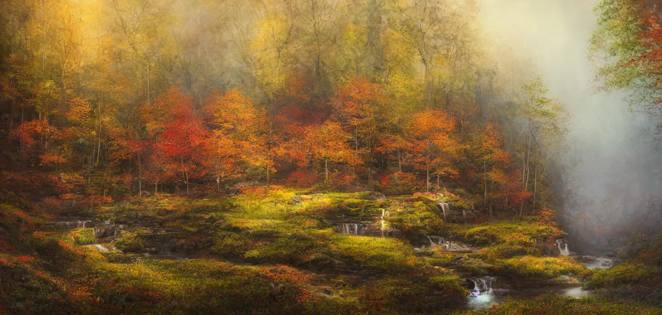 Prompt: a painting of sparse stone cottages underneath a dense tall forest, with pristine reflex from cascading ponds. gorgeous, elegant, sophisticated, an ultrafine painting, intricate brush strokes, bright depth oil colors, photography by araken alcantara. mist diffuse promiseful illumination, autumn sunrise warm light, detailed and intricate environment of hopeful bodyscapes