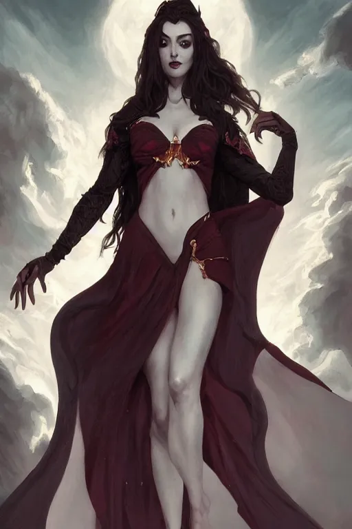 Image similar to beautiful vampire female queen, full body shot, ascending form the sky, hands reaching for her, d & d, fantasy, intricate, elegant, highly detailed, digital painting, artstation, concept art, matte, sharp focus, illustration, hearthstone, art by artgerm and greg rutkowski and alphonse mucha