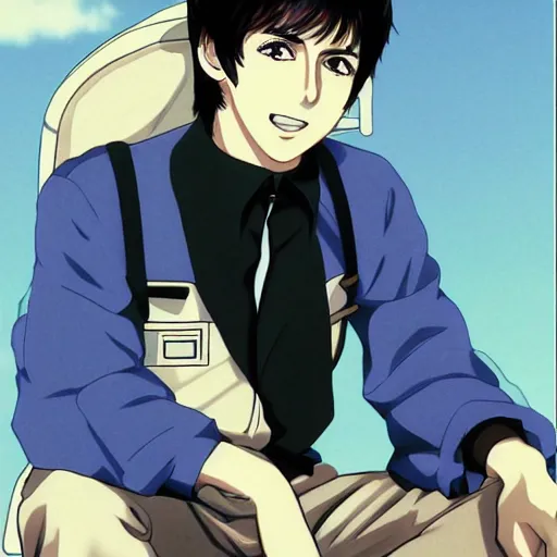 Image similar to anime illustration of young Paul McCartney from the Beatles, wearing a blue check shirt, long sideburns, on a yacht at sea, smiling at camera, ufotable