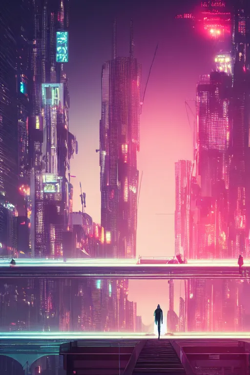 Image similar to a man standing on top of a bridge over a city, cyberpunk art by vincent lefevre, behance contest winner, altermodern, cityscape, synthwave, matte painting