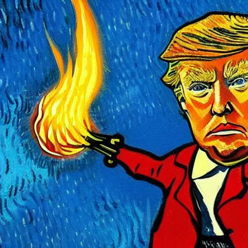 Prompt: donald trump holding a flame thrower, painting by van gogh, detailed, colorful