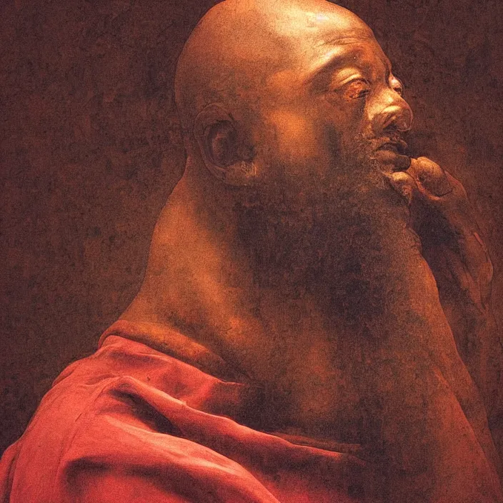 Image similar to a painting of a wise African man by Leonardo da Vinci . dramatic angle, ethereal lights, details, smooth, sharp focus, illustration, realistic, cinematic, artstation, award winning, rgb , unreal engine, octane render, cinematic light, macro, depth of field, blur, red light and clouds from the back, highly detailed epic cinematic concept art CG render made in Maya, Blender and Photoshop, octane render, excellent composition, dynamic dramatic cinematic lighting, aesthetic, very inspirational, arthouse.
