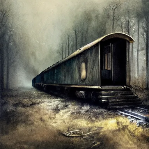 Image similar to ominous bedsheet ghost floating in front of a train deep in the forest, oil painting, brush strokes, gloomy foggy atmosphere, symmetrical, full body image, highly ornate intricate details,