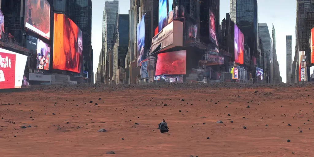 Prompt: footage of the first humans landing on Mars shown in Times Square, ultra realistic 8k photo realistic