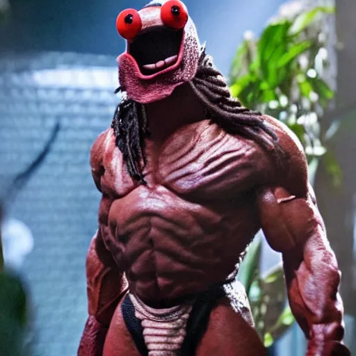 Prompt: Movie still of The Predator if it was a Muppet fighting Arnold Schwarzenegger, movie, The Muppets, jungle, Arnold Schwarzenegger, movie still, high definition