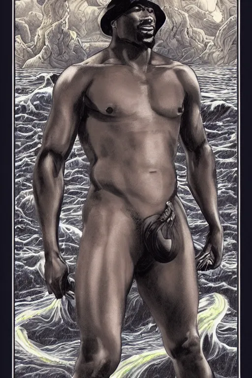 Prompt: a beautiful symmetrical tarot! card of a beefy shirtless handsome black cowboy in front of a torrential flooding river, homoerotic, white water rapids, art deco!, art nouveau, by Mark Maggiori, trending on artstation