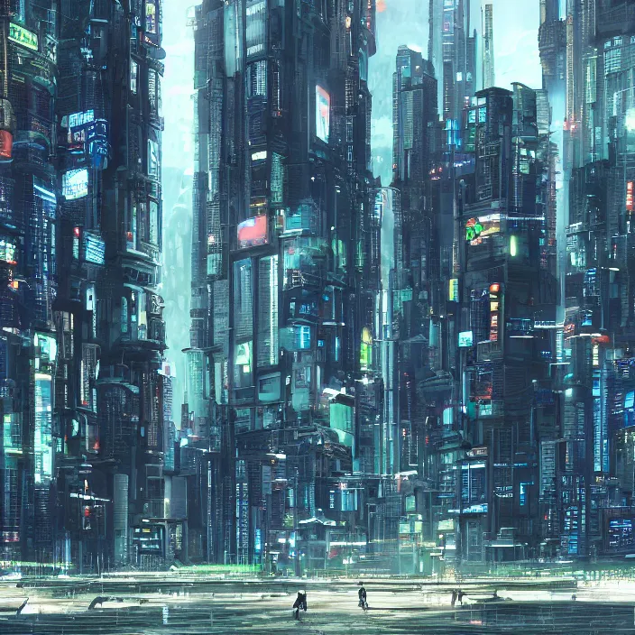 Image similar to a building in a serene landscape, cyberpunk